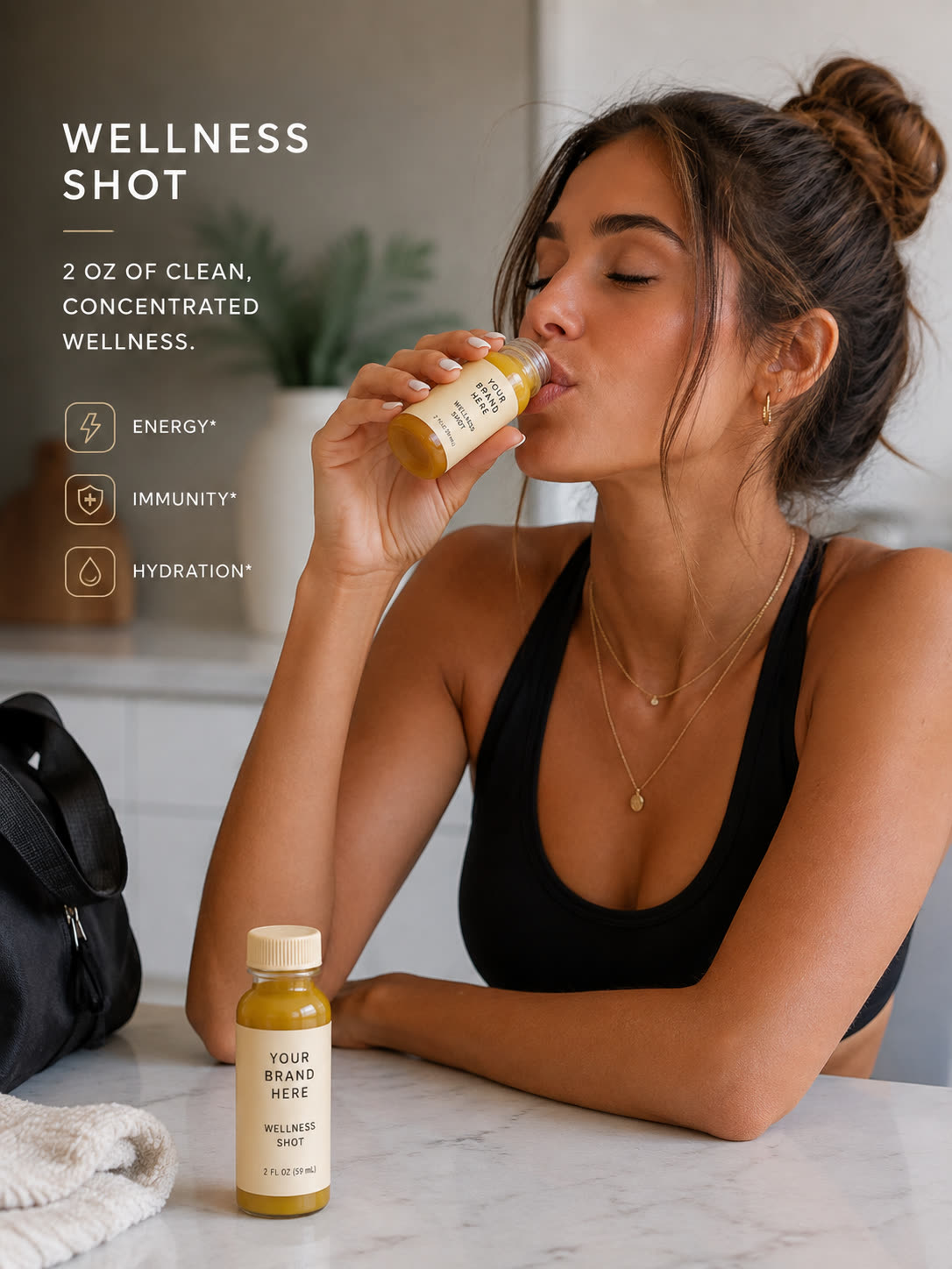 2oz wellness shot example with placeholder brand labeling