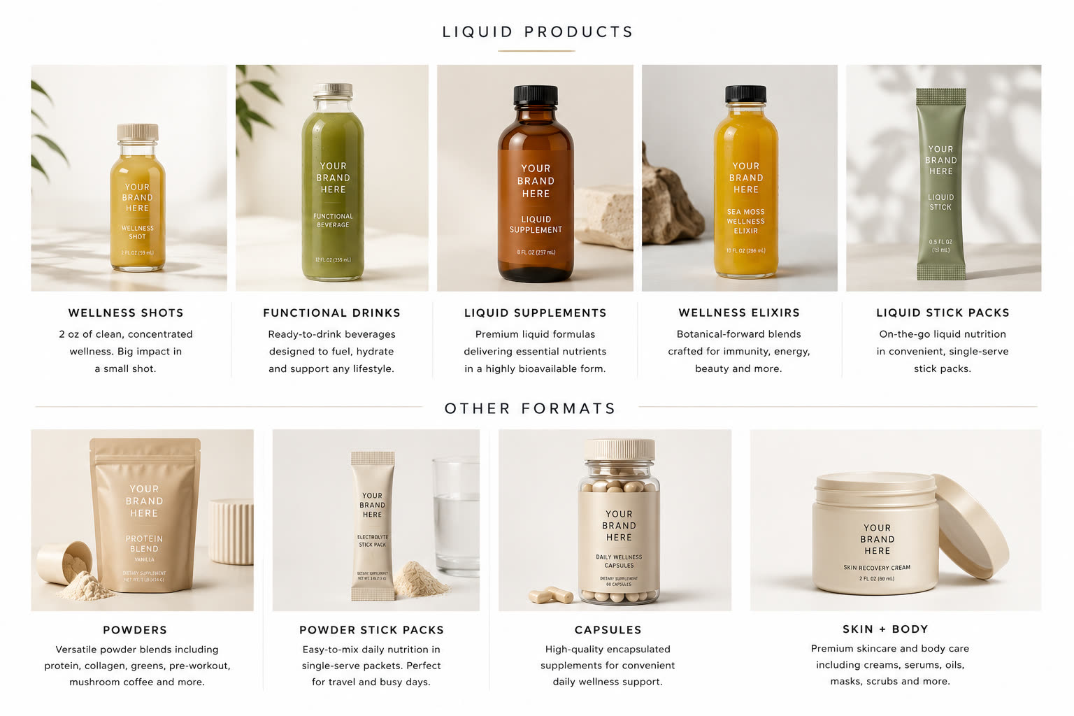 The full range of formats Aegle manufactures — shots, drinks, elixirs, stick packs, powders, capsules, skin and body